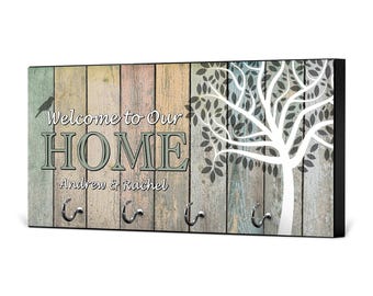 Personalized Key Holder, Welcome Home Decor, MDF Wood with Silver Hooks
