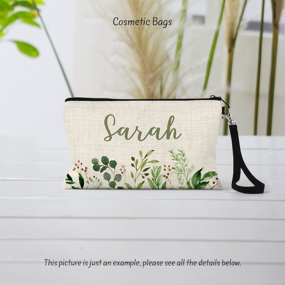 Floral Monogram Cosmetic Pouch with Black Logo Strap Personalized Linen Makeup Bag: Monogram Cosmetic Travel  main image 4