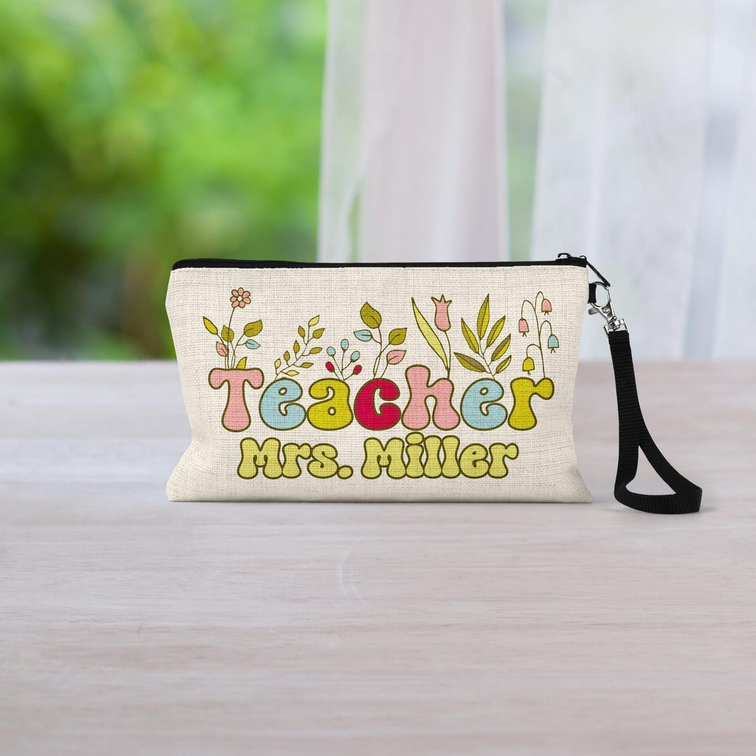 Personalized Teacher Cosmetic Bag: Floral Linen Zipper Pouch - Etsy