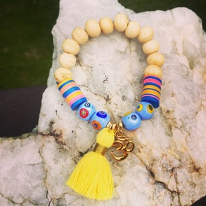 10mm Vintage Bone Bead Boho Bracelet with African Vulcanite discs and Ohm Pendant Charm!