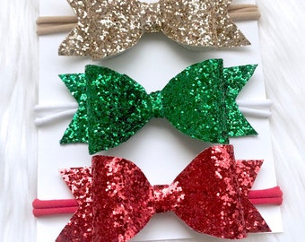 Girls Christmas bows, glitter bows, hairbows, nylon headbands, nylon Christmas headband,Christmas bow set, baby hair bows, newborn headband