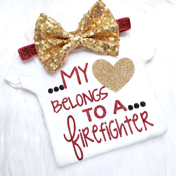 My heart belongs to a firefighter, firefighter, daddy, mommy, fire, heart, glitter, firefighter outfit, baby firefighter, daddy is my hero