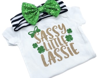 Sassy little lassie, 1st St Patrick’s day outfit, kiss me I’m Irish shirt, baby girl St Patrick’s day outfit, Irish baby, St Patrick’s day