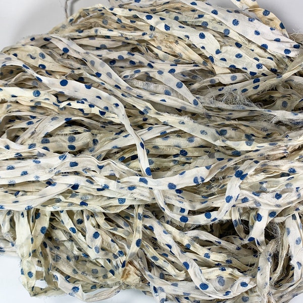 Sapphire Polka Dot Recycled Sari Silk Ribbon 5, 10 Yards or Full Skein  Ribbon Jewelry Weaving Spinning Felting Junk Journal Craft BOHO