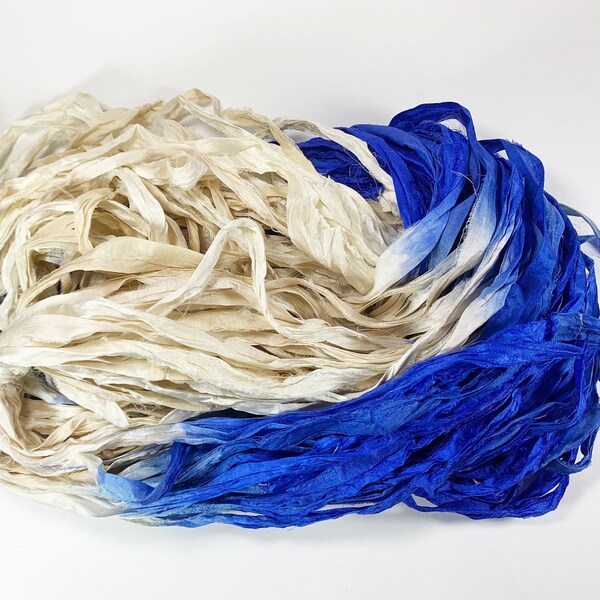 Sapphire and Diamonds Recycled Sari Silk Ribbon 5 or 10 Yards Ribbon Jewelry Weaving Spinning Felting BOHO FAST SHIP