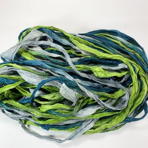 Peacock Plumage Recycled Sari Silk Ribbon 5 or 10 Yards Ribbon Jewelry Weaving Spinning Felting BOHO FAST SHIP