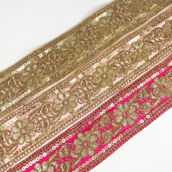 Sequin Embroidered Trim Sari Metalic Lace By The Yard Border Indian Silk Fabric Trim Junk Journal Quilt Fabric Textile Art Fiber Arts