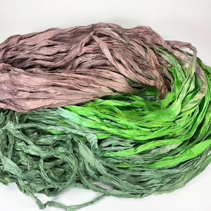 Avocado Bliss Recycled Sari Silk Ribbon 5 or 10 Yards Ribbon Jewelry Weaving Spinning Felting BOHO FAST SHIP
