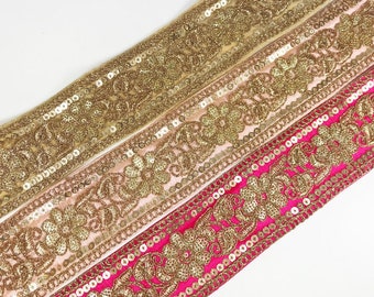 Sequin Embroidered Trim Sari Metalic Lace By The Yard Border Indian Silk Fabric Trim Junk Journal Quilt Fabric Textile Art Fiber Arts