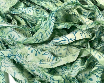Mint Teal Paisley Print Recycled Sari Silk Ribbon 5, 10 Yards or Full Skein  Ribbon Jewelry Weaving Spinning Felting Junk Journal Craft BOHO