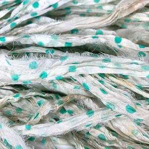 Mint Polka Dot Recycled Sari Silk Ribbon 5, 10 Yards or Full Skein  Ribbon Jewelry Weaving Spinning Felting Junk Journal Craft BOHO