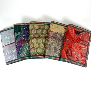 Sari Journals, 5x7 Recycled Silk, Handmade Journals, Recycled Paper Fabric Diary, Journal, Scrapbook Quilted Art Journal Sari Ribbon
