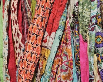 Pattern Cascade Recycled Sari Silk Ribbon Colorful Block Prints Sari Strips Multiple Patterns Bright Paisley Print