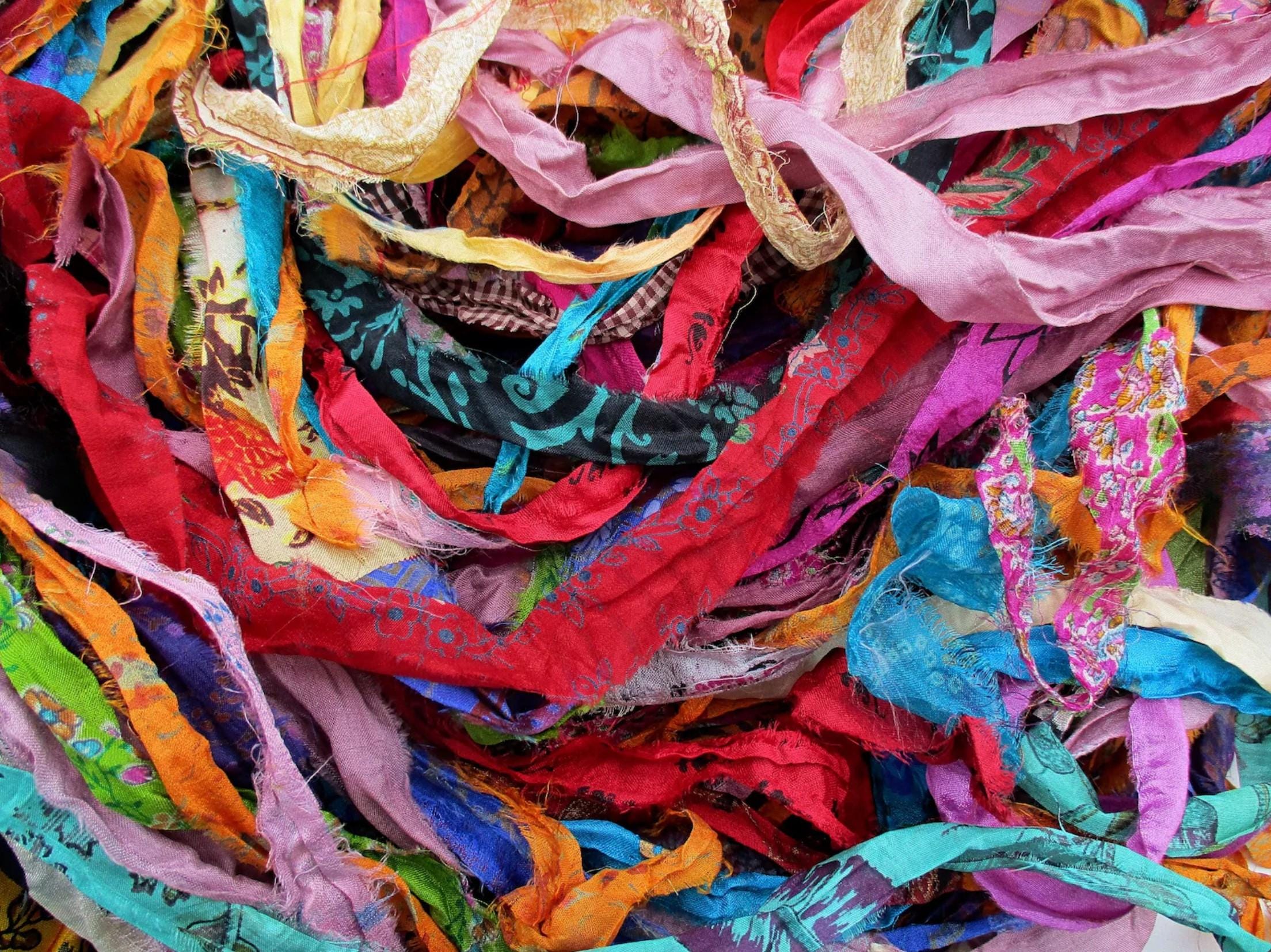 Pattern Cascade Recycled Sari Silk Ribbon Colorful Block Prints Sari ...