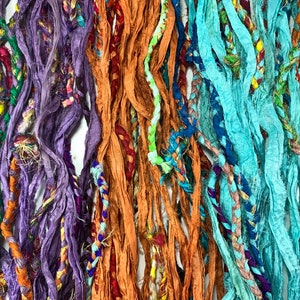 Cinta de seda sari reciclada trenzada a media altura Brights de 5, 10 yardas o madeja completa para joyería, tejido, hilado, fieltrado, diario basura, manualidades BOHO
