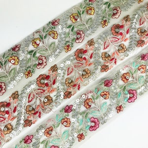 Floral Embroidered Trim Sari Metalic Sequin Lace By The Yard Border Indian Silk Fabric Trim Junk Journal Quilt Fabric Textile Art Fiber Arts