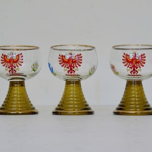 3 Roemer Zwiesel Crystal  Olive Green Hollow  Ribbed Stem Hock - Water - Wine Glasses Tirol Austria Circa 1960
