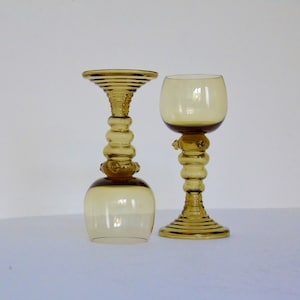 2 Roemer Olive Green  - Amber Bowl  Goblets - Wine Glasses - Bohemian -  Fritz Heckert Style  Germany Circa 1890 - 1950