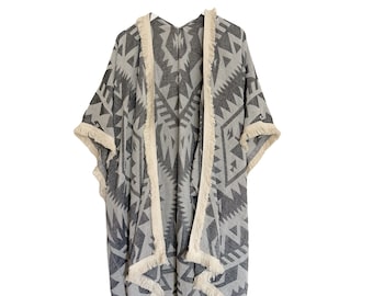 Unisex Natural & Faded Black Abstract Print Kimono, Handwoven 100% Turkish Cotton Yarn, Festival Kimono, Burning Man Kimono, Unisex Kimono