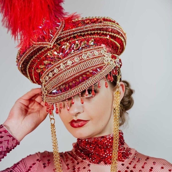 Queen Of Hearts Military Hat, Embellished Captains Hat, Military Festival Cap, Red And Gold Sequined Hat, Burning Man Hat, Festival Hat