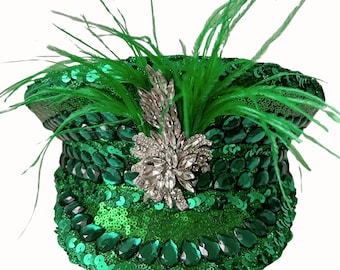 Green Embellished Sequin And Feather Military Hat, Festival Hat, Hen Do Hat, Sequin Hat