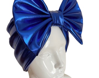 Royal Blue Super Shine Metallic Bow Turban Headband, Bow Headband, Bow Headwrap, Wide Bow Headband, Bow Headwear, Festival Headwear