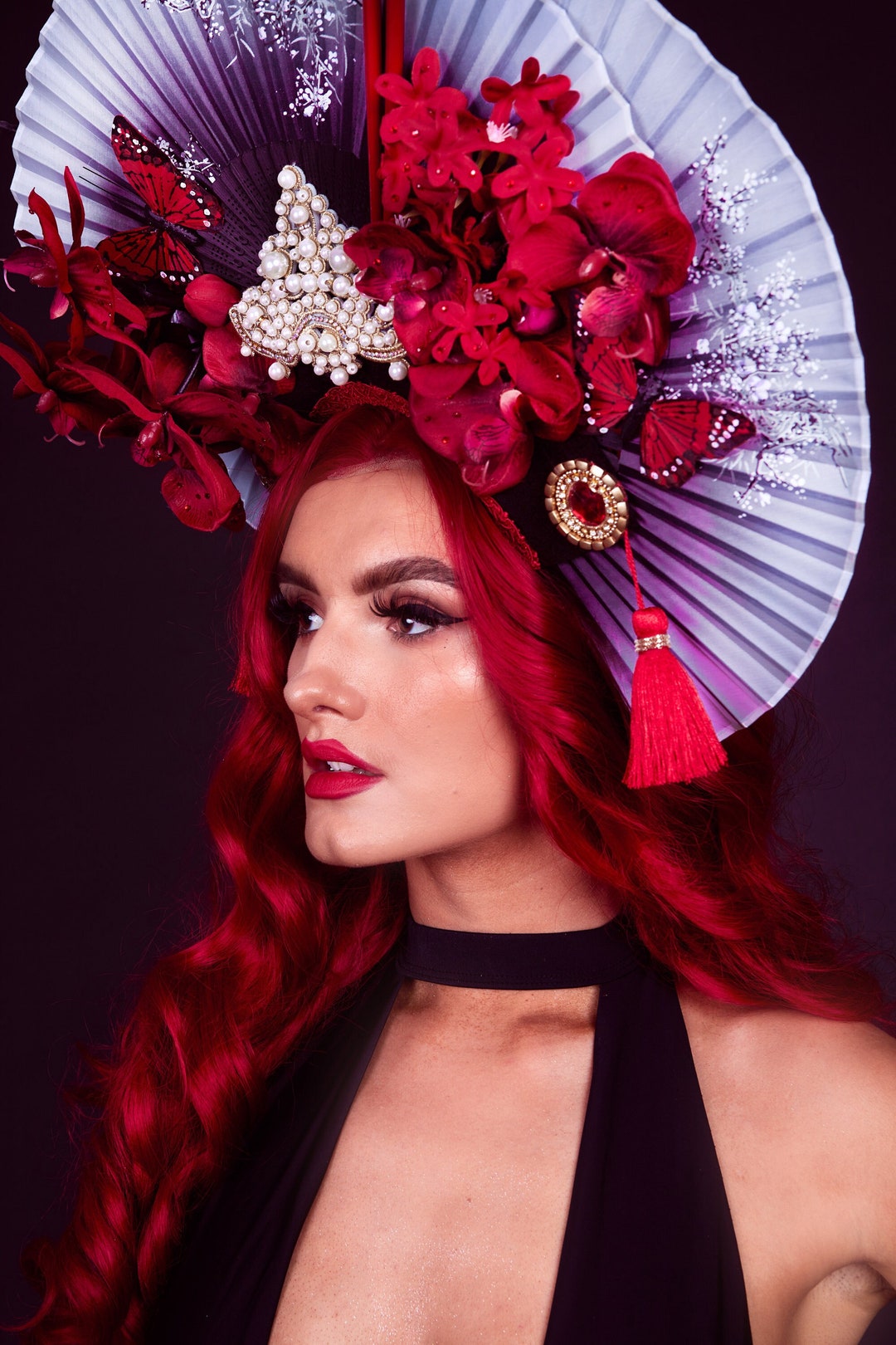 Lady in Red Orchid and Cherry Blossom Chinese New Year Fan Etsy