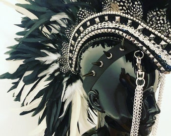 Black And White Feather And Chain Mohawk, Statement Feather Mohawk, Statement Headwear, Performance Headwear, Statement Headpiece