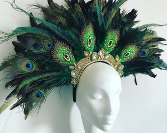 Peacock feather festival headdress, queen peacock feather crown, carnival headdress, feather festival headband, boho festival headdress