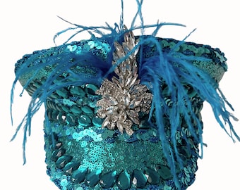 Turquoise Embellished Sequin And Feather Military Hat, Festival Hat, Hen Do Hat, Sequin Hat