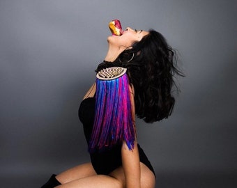 Bezaaide kwast festival kwast epauletten, kwastje schoudervullingen, festival epauletten, kwastje festival schouderstukken, burning man kleding