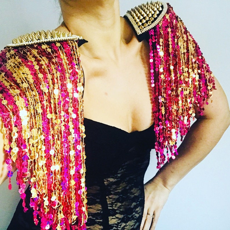Pink and gold sequin tassel festival epaulettes tassel | Etsy