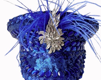 Electric Blue Embellished Sequin And Feather Military Hat, Festival Hat, Hen Do Hat, Sequin Hat