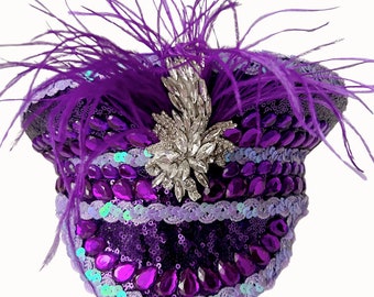 Purple Embellished Sequin And Feather Military Hat, Festival Hat, Hen Do Hat, Sequin Hat