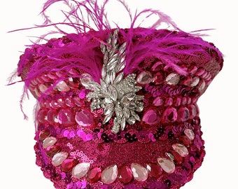 Pink Embellished Sequin And Feather Military Hat, Festival Hat, Hen Do Hat, Sequin Hat