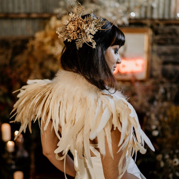 Ivory Feather Wings, Bridal Feather Wings / Capelet Combo, Alternative Bridal Wear, Feather Cape, Bohemian Bridal Wear, Feather Capelet