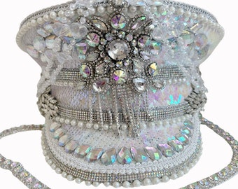 Iridescent Mermaid Sequin Embellished Military Hat, Alternative Bridal Wear, Sequin Festival Hat, Rave Hat, Luxury Sequin Hat