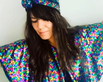 Rainbow Micro Sequin Cape, Sequin Cape, Sequin Capelet, Capes, Sequin Shrug, Sequin Clothing, Sequin Shawl