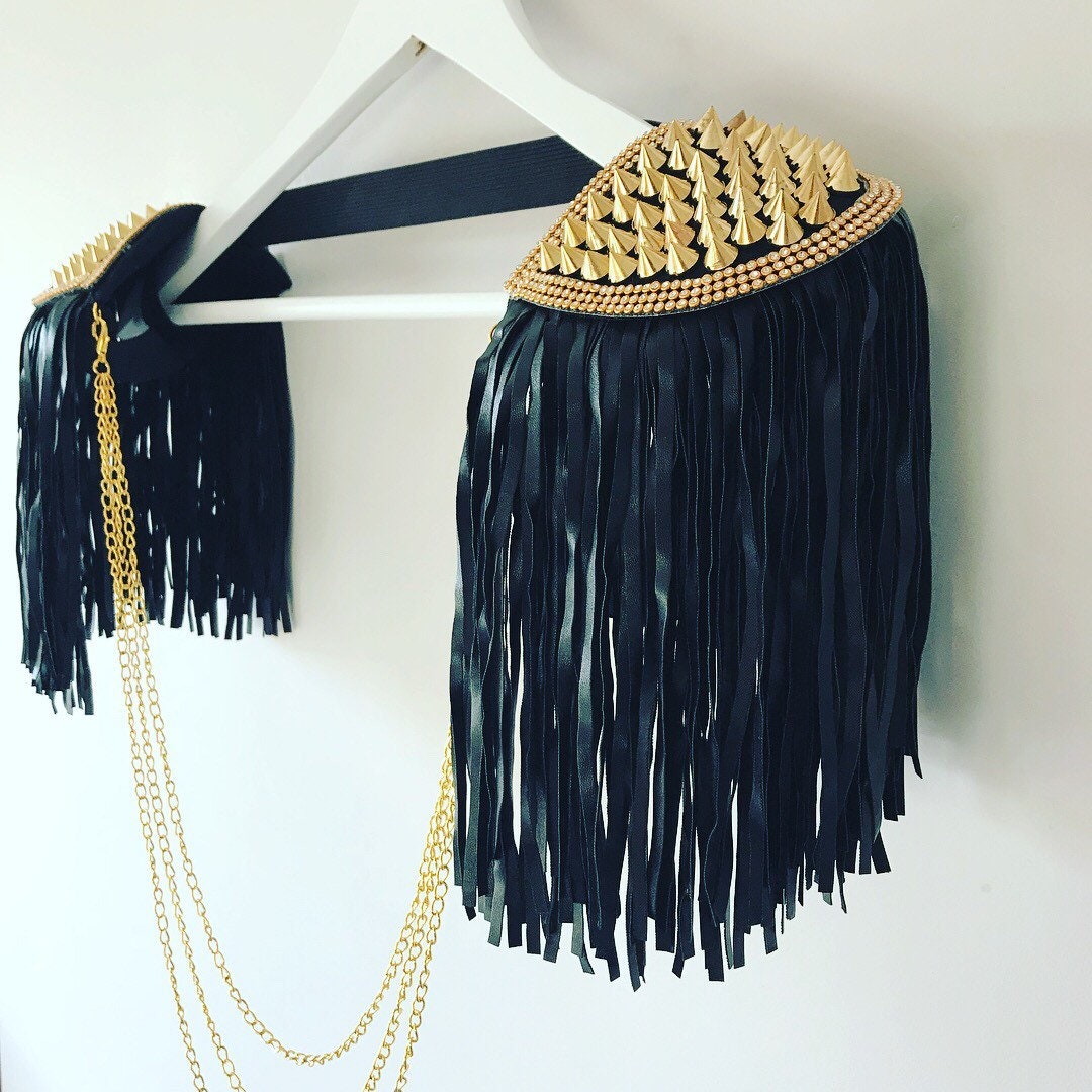 Black Faux Leather Tassel and Studded Epaulettes Leather Etsy Hong Kong