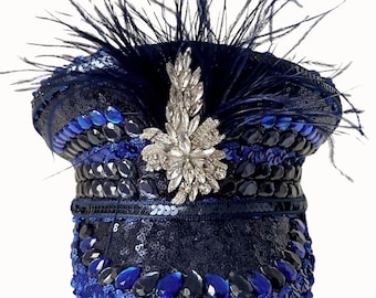 Indigo Embellished Sequin And Feather Military Hat, Festival Hat, Hen Do Hat, Sequin Hat