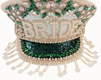 BRIDE Emerald Sequin, Silver & Pearl Embellished Military Hat, Alternative Bridal Wear, Sequin Festival Hat, Rave Hat, Luxury Sequin Hat