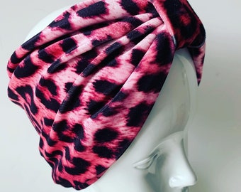 Pink Animal Print Velvet Wide Turban Headband, Leopard Print Velvet Headband, Festival Headwear, Wide Headband, Velvet Turban Headband