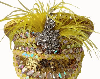 Yellow Embellished Sequin And Feather Military Hat, Festival Hat, Hen Do Hat, Sequin Hat