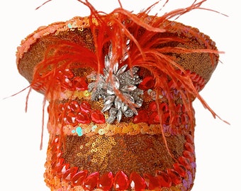 Orange Embellished Sequin And Feather Military Hat, Festival Hat, Hen Do Hat, Sequin Hat