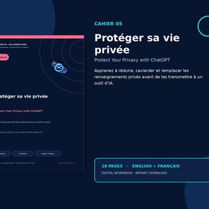 Peut inclure: Un cahier d'exercices numérique intitulé Cahier 05 Protéger sa vie privée Protect Your Privacy with ChatGPT. La couverture bleu foncé présente un en-tête rose, une icône stylisée et du texte en français et anglais. 18 pages, téléchargement.