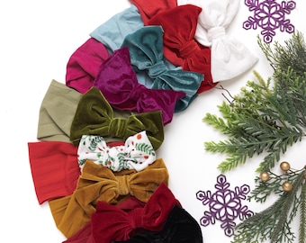 Velvet Baby Bow Headband, Christmas Hair Bow, Soft Nylon Headwrap