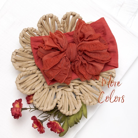 Big Ruffle Bow Baby Headband, Soft Nylon Turban
