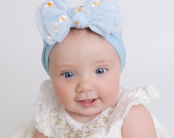 DAISY Big Bow Baby Headband, Baby Daisy Headband, Newborn turban, Flower Baby Hair Bow, Baby Bow Headband, Baby Girl Bow, Baby Headwrap