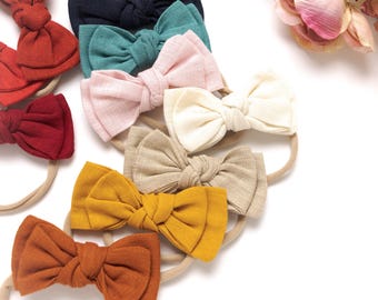 Linen Baby Bow Headband or Hair Clip, Newborn and Toddler
