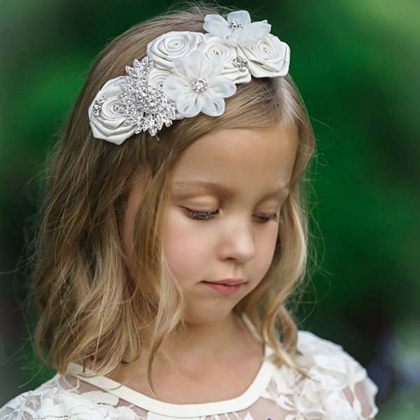 White Headband, Flower girl headband, Christening Headband, First Comunion Headband, Baby Headbands, White Baby Bows, White Flower Headband